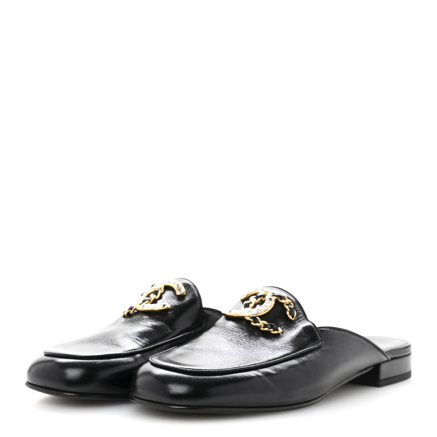 Shiny Calfskin Crystal CC Mules 39 Black