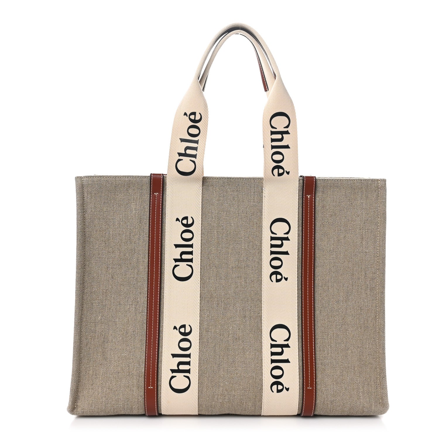 Chloe Linen Calfskin Large Woody Ribbon Tote White Brown 1 of 9