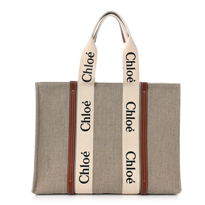 Chloe Linen Calfskin Large Woody Ribbon Tote White Brown 1 of 9