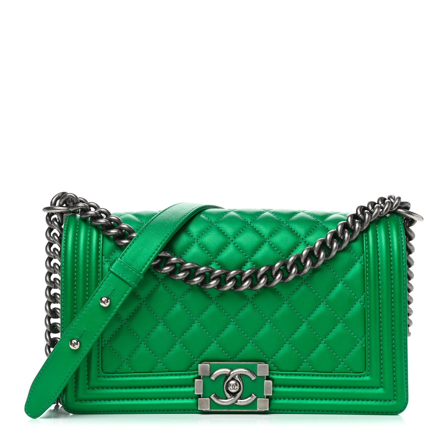 Metallic Calfskin Quilted Medium Boy Flap Green