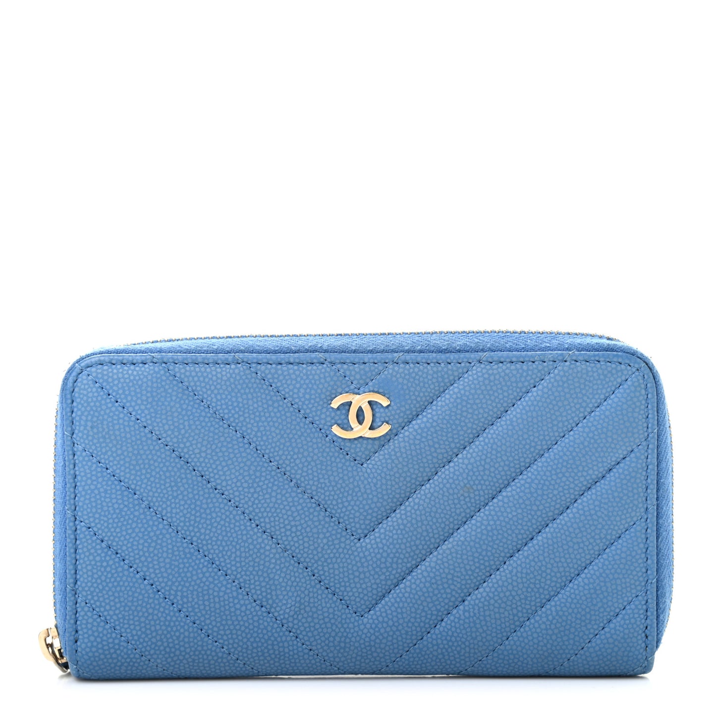 Caviar Chevron Quilted Small Zip Around Wallet Blue