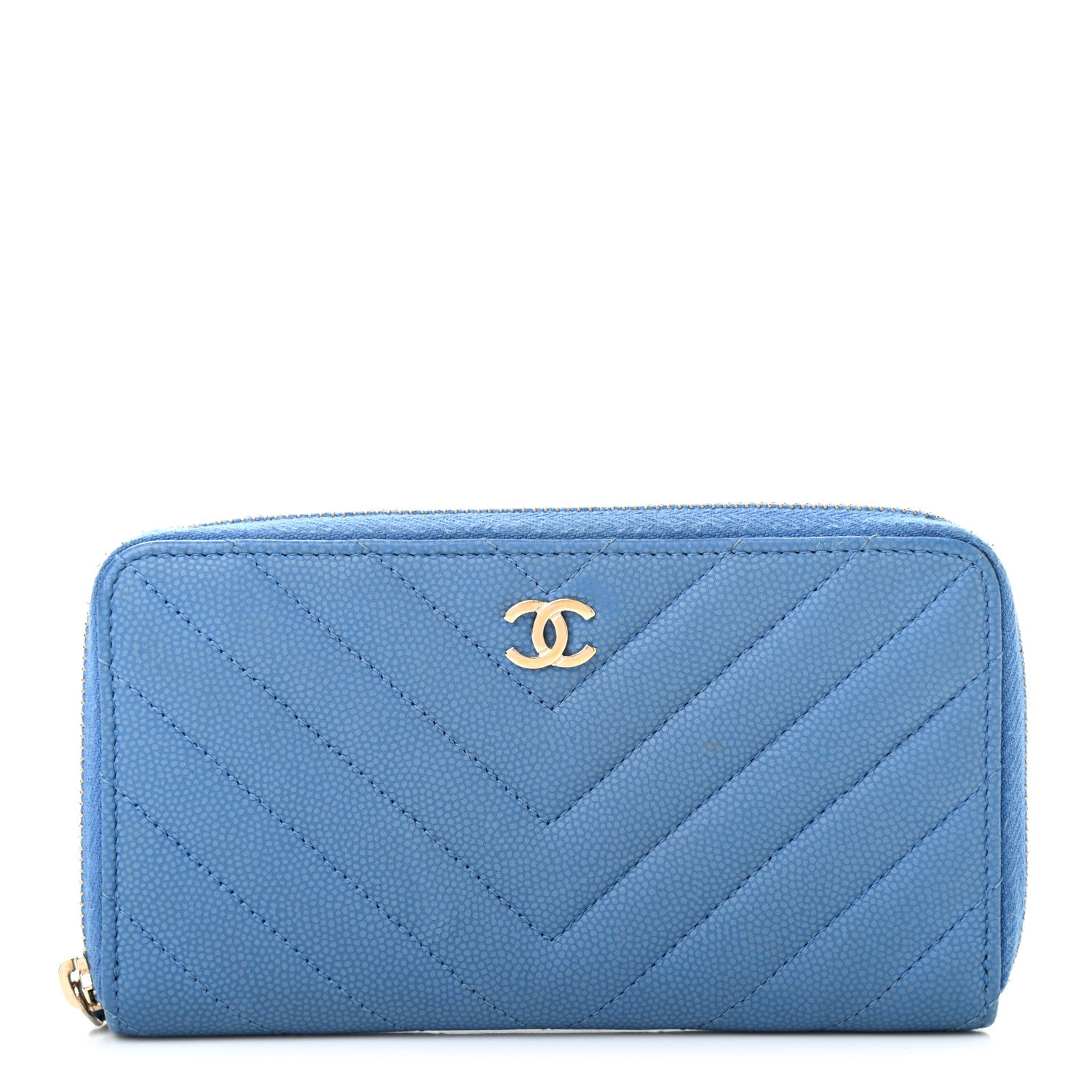 Chanel Caviar Chevron Quilted Small Zip Around Wallet Blue 1 of 9