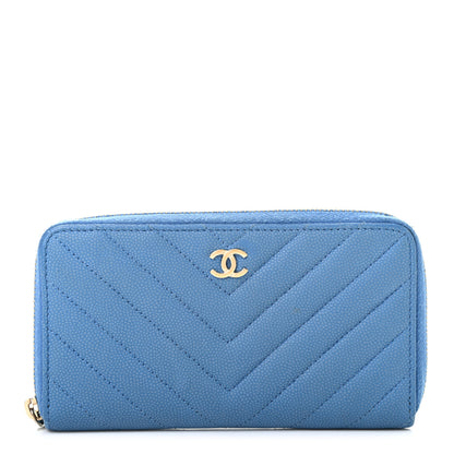 Chanel Caviar Chevron Quilted Small Zip Around Wallet Blue 1 of 9