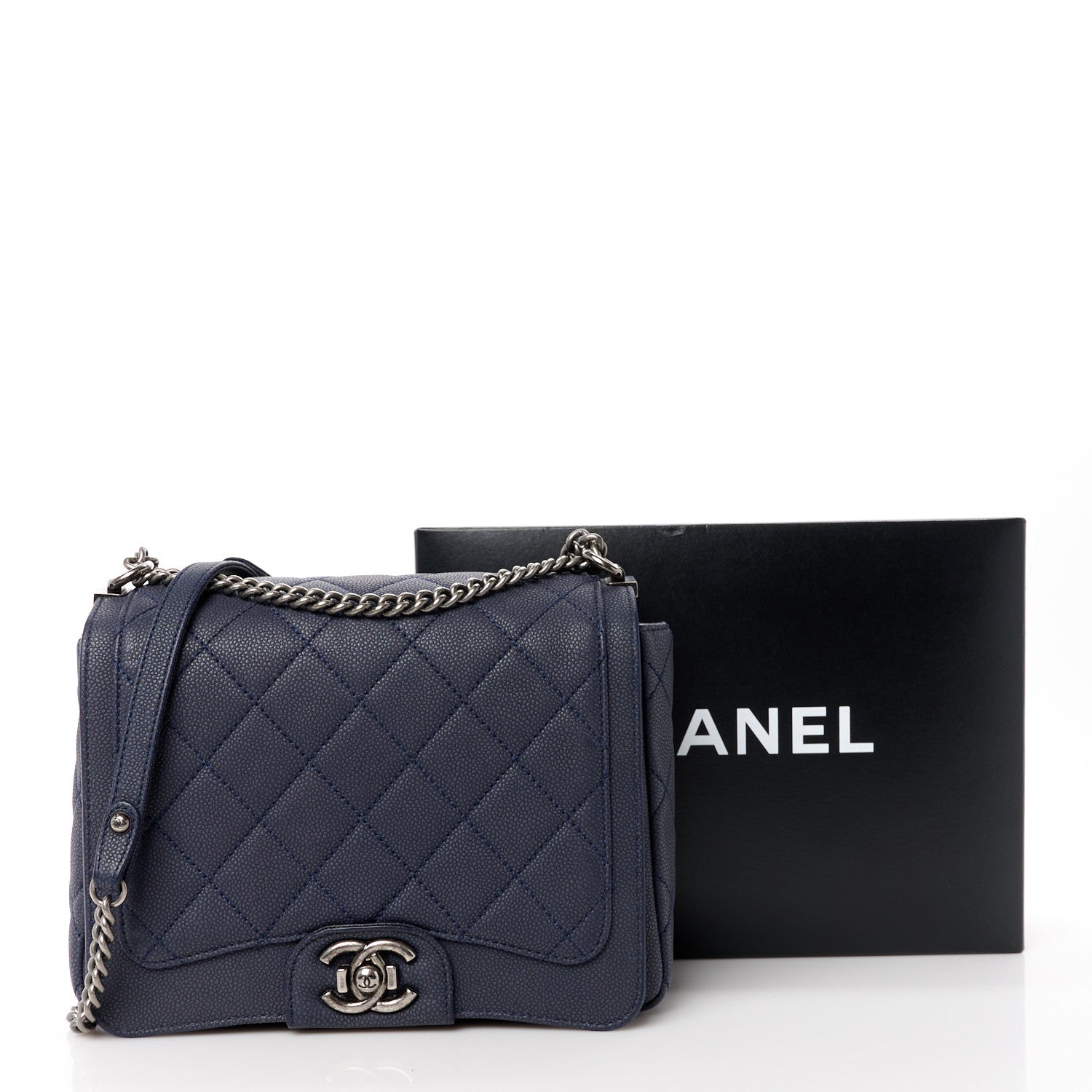 Chanel Washed Caviar Quilted Small Square Turn Around Ligne Flap Navy 12 of 12