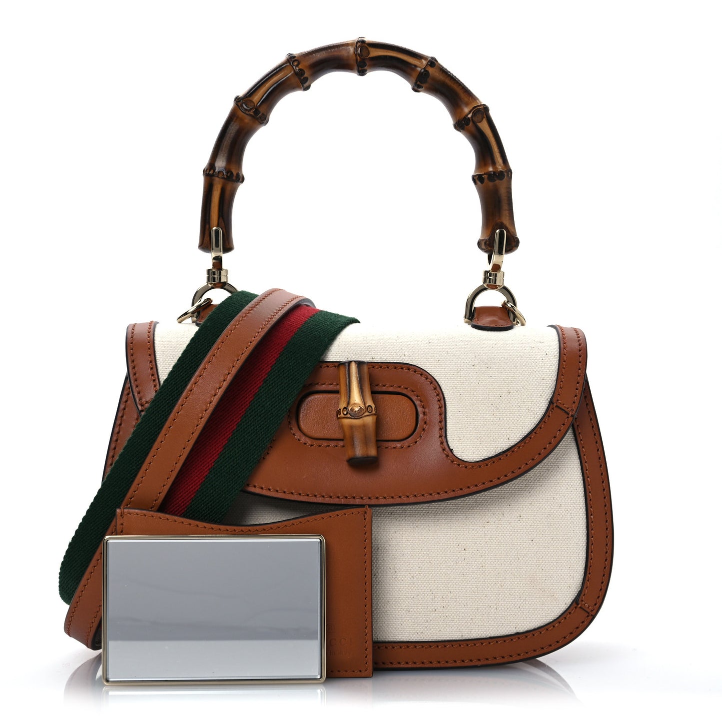 Canvas Calfskin Web Small Bamboo 1947 Top Handle Bag Greggio Harness Brown