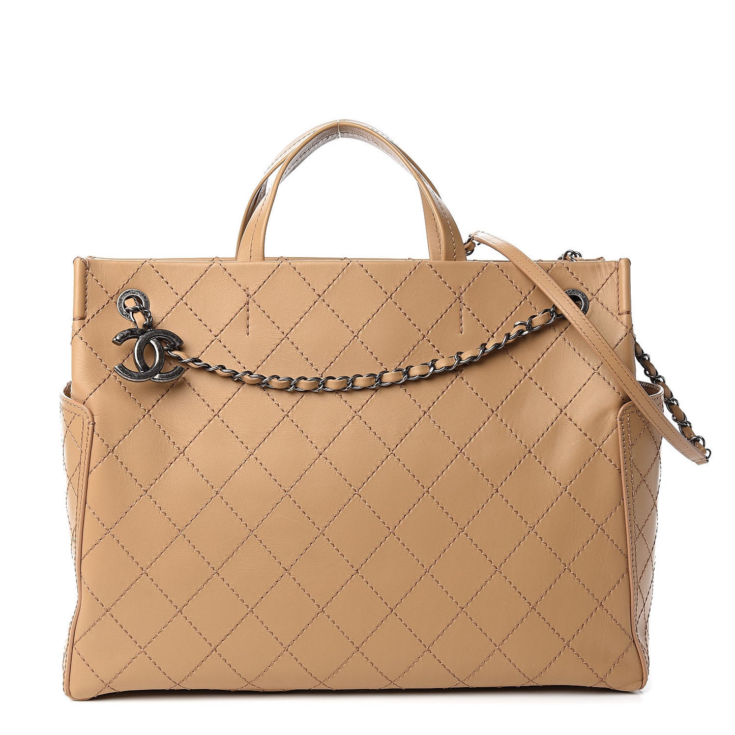 Calfskin Stitched Large Shopping Tote Beige