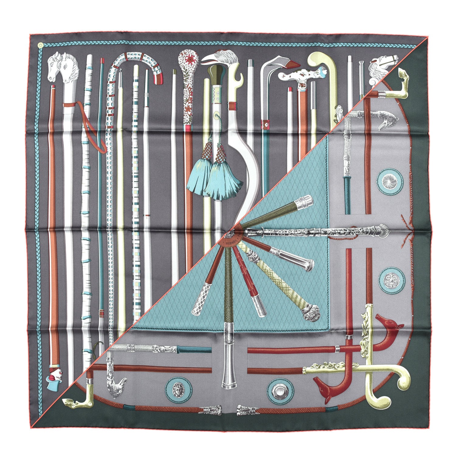 Hermes Silk Cannes Et Cannes Scarf 90 Anthracite Vert Quetsche 1 of 4