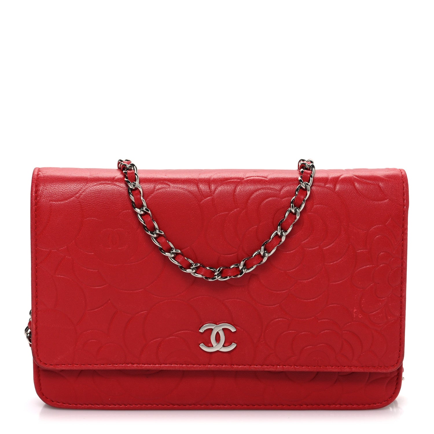Chanel Lambskin Camellia Embossed Wallet on Chain WOC Red 1 of 12