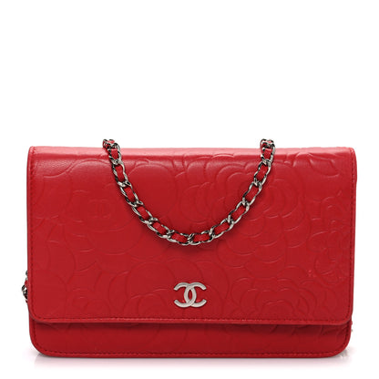 Chanel Lambskin Camellia Embossed Wallet on Chain WOC Red 1 of 12