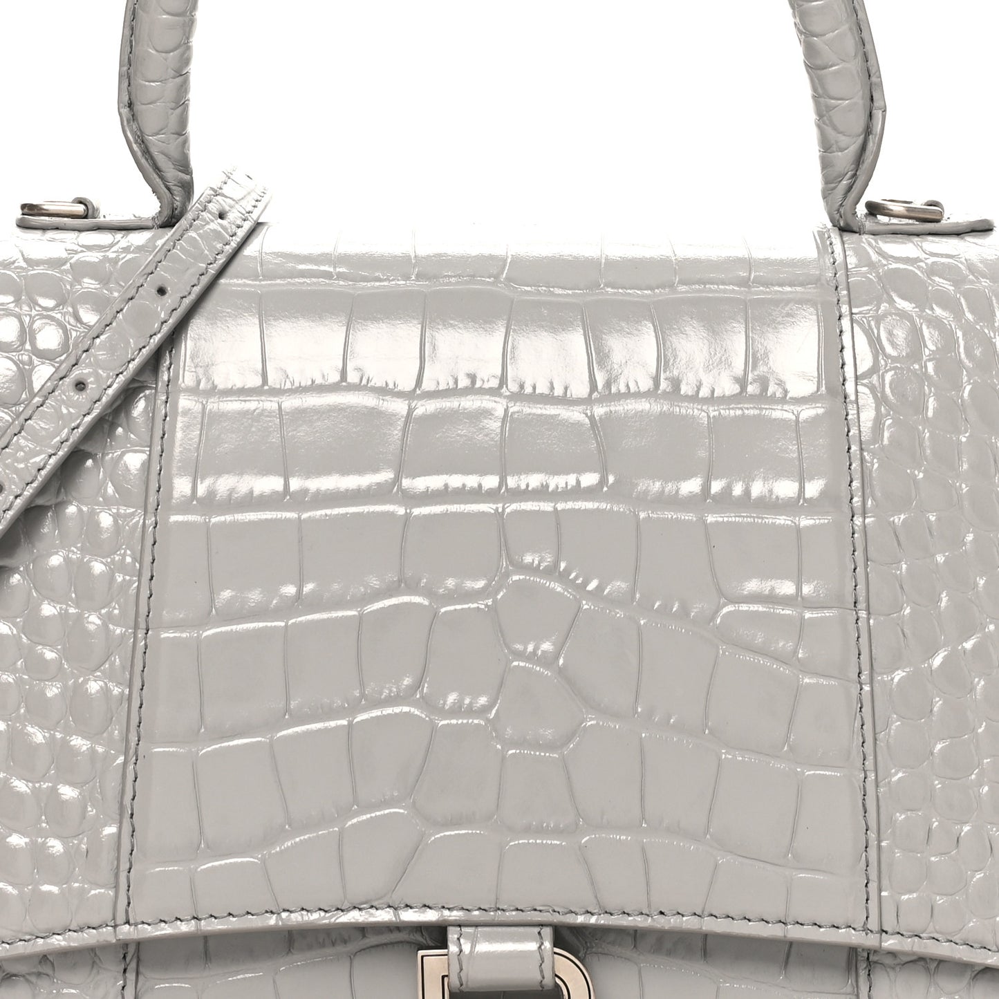 Shiny Calfskin Crocodile Embossed Medium Hourglass Top Handle Bag Balenciaga Grey