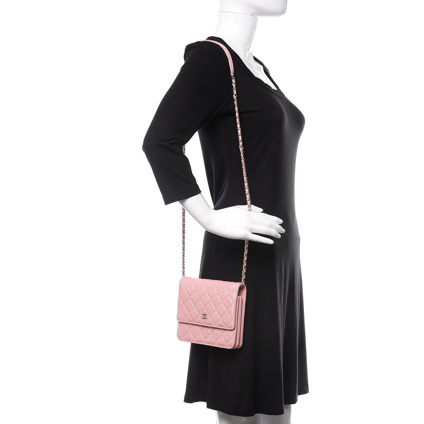 Iridescent Caviar Quilted Square Wallet On Chain WOC Rose Pink