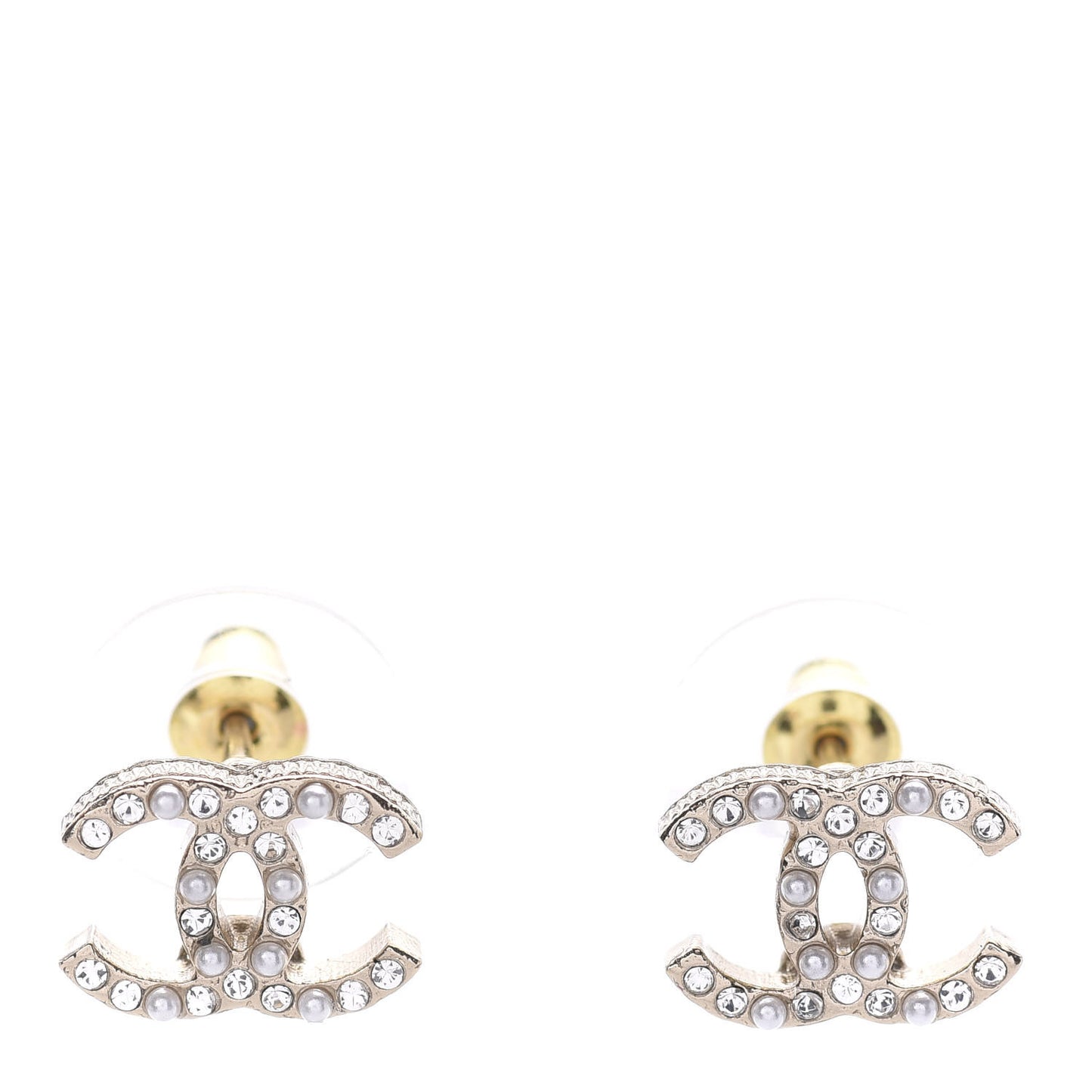 Pearl Crystal CC Charms Stud Earrings Light Gold