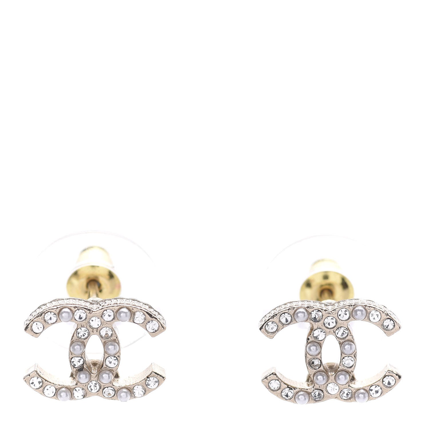 Chanel Pearl Crystal CC Charms Stud Earrings Light Gold 1 of 5