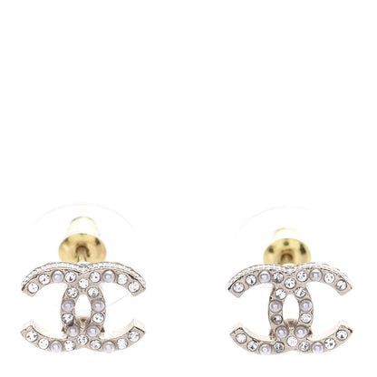 Chanel Pearl Crystal CC Charms Stud Earrings Light Gold 1 of 5