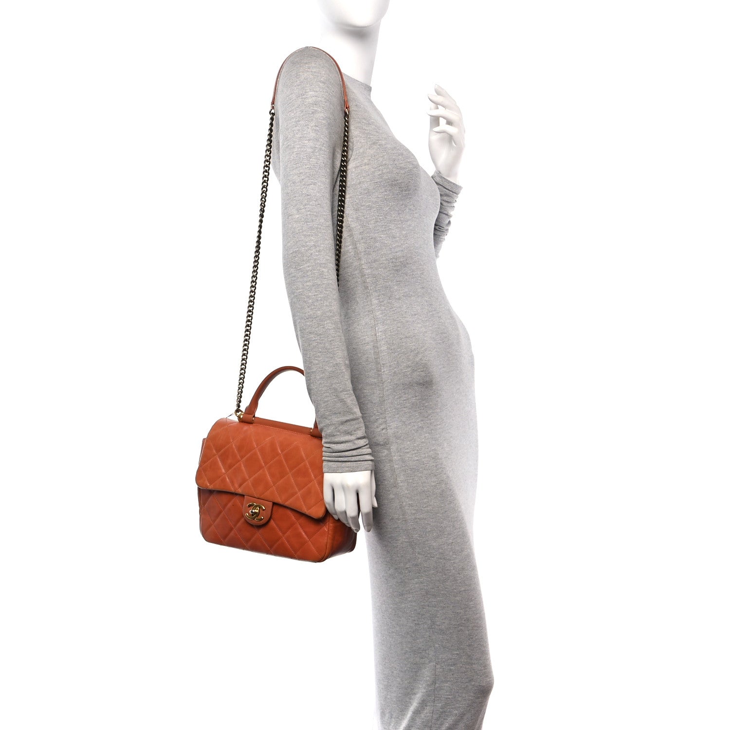 Chanel Glazed Calfskin Quilted Medium Gold Bar Top Handle Flap Orange 2 of 13