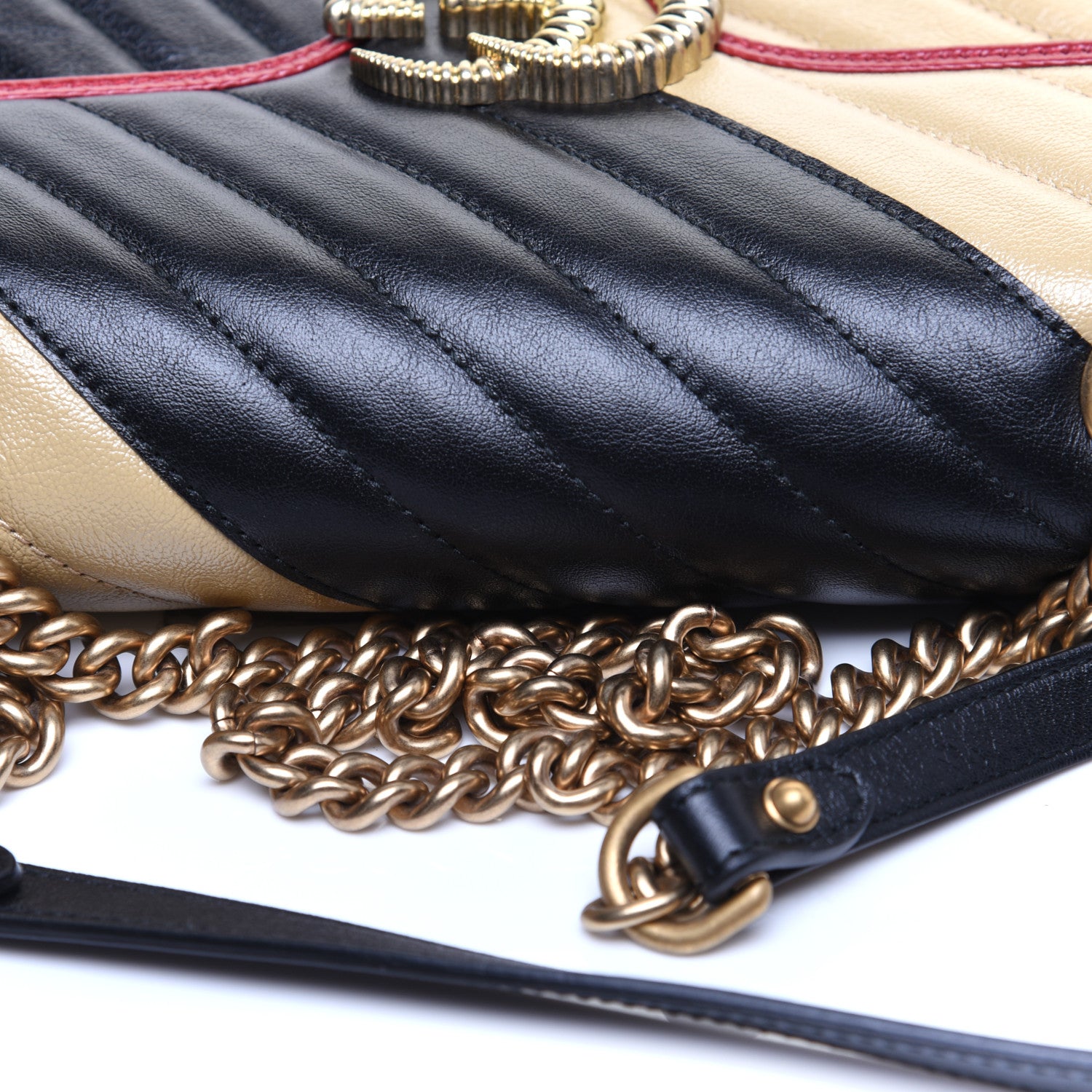 Gucci Vintage Effect Calfskin Matelasse Diagonal Striped Small Torchon GG Marmont Shoulder Bag Black Beige 11 of 12