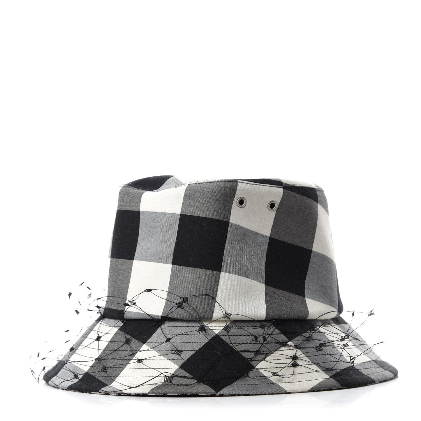 Cotton Large Brim Bucket Hat with Veil 56 Black White