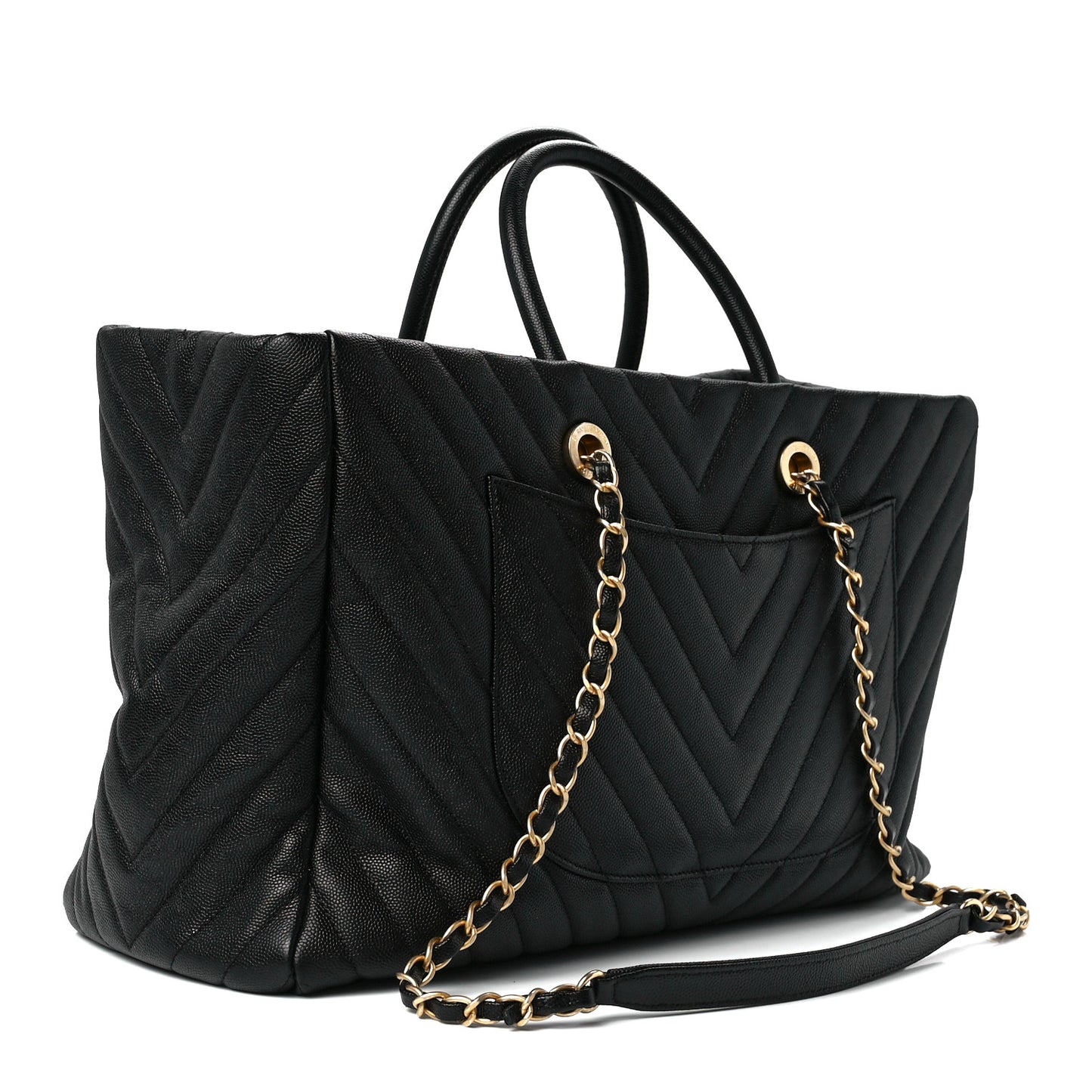 Caviar Chevron Large Coco Handle Shopping Tote Black