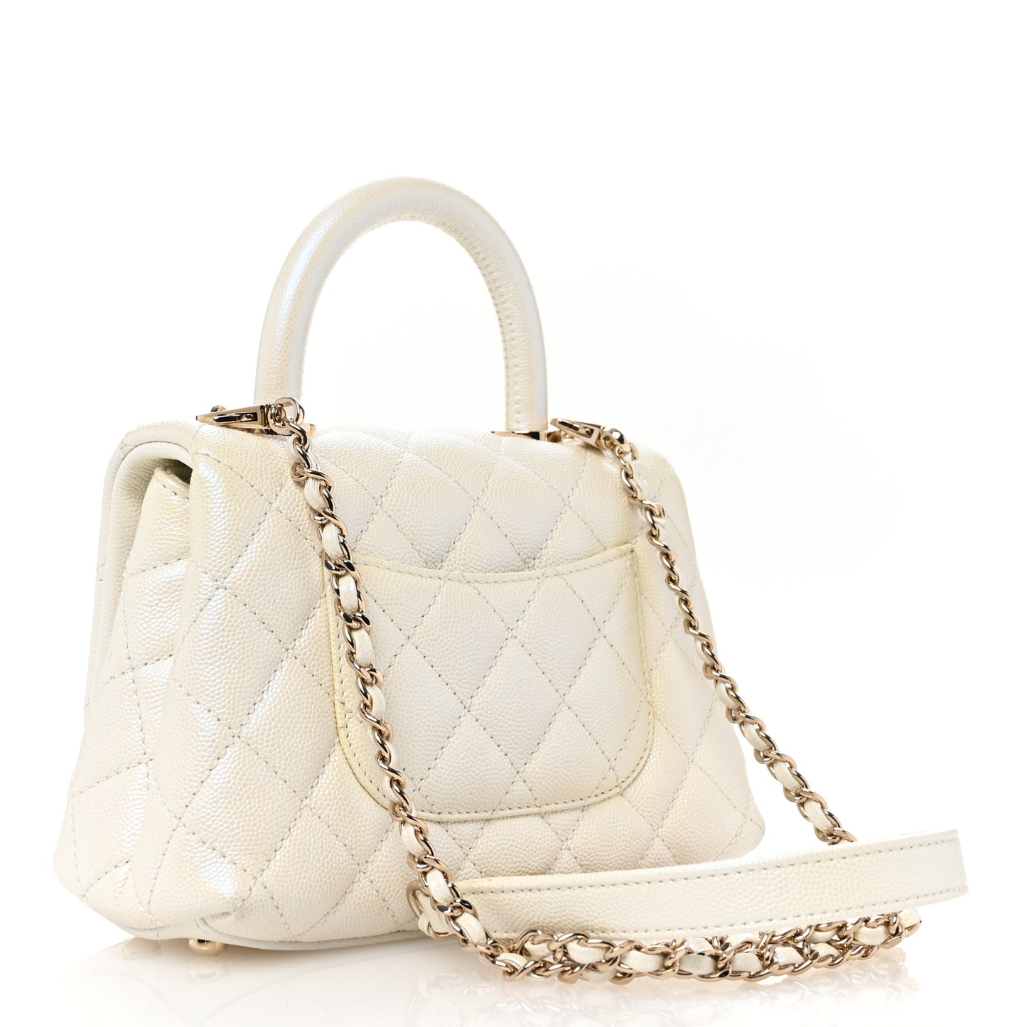 Iridescent Caviar Quilted Extra Mini Coco Handle Flap White