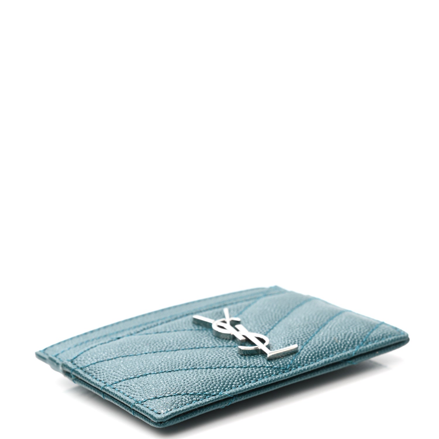 Saint Laurent Grain De Poudre Matelasse Chevron Monogram Credit Card Case Peacock Green 4 of 8
