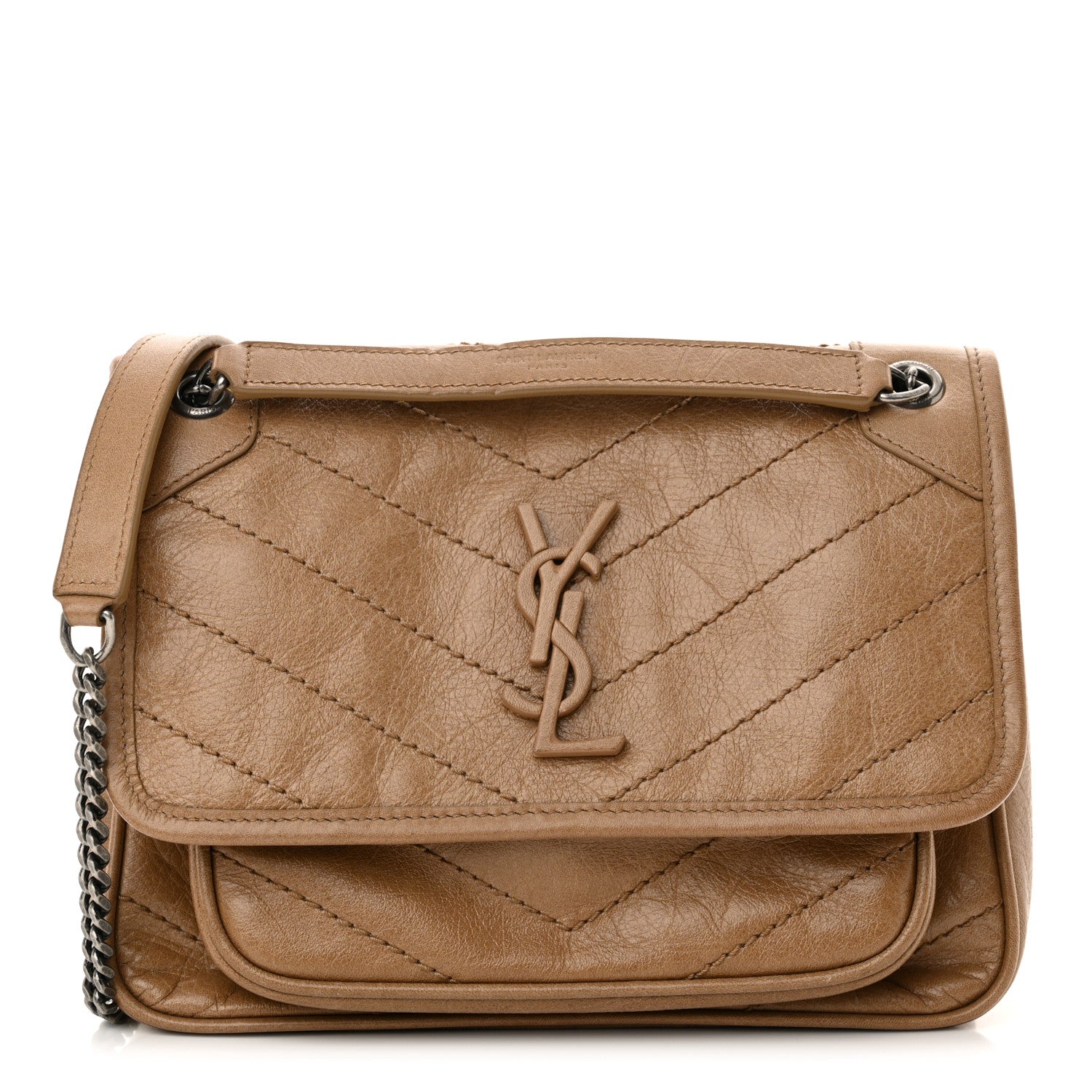 Saint Laurent Crinkled Calfskin Matelasse Monogram Baby Niki Chain Satchel Natural Tan 1 of 10