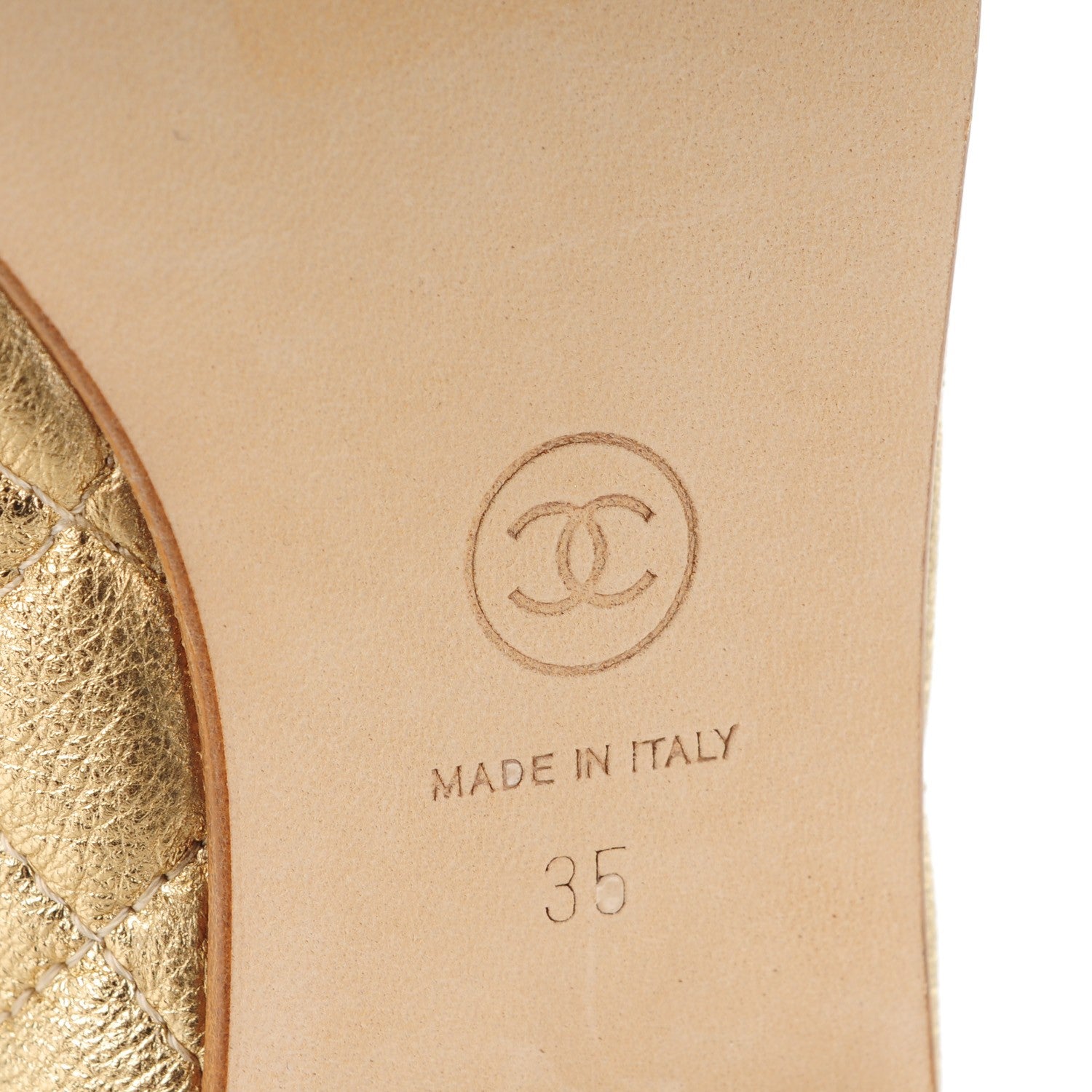Chanel Metallic Lambskin Quilted CC Cap Toe Ballet Flats 35 Gold 6 of 8