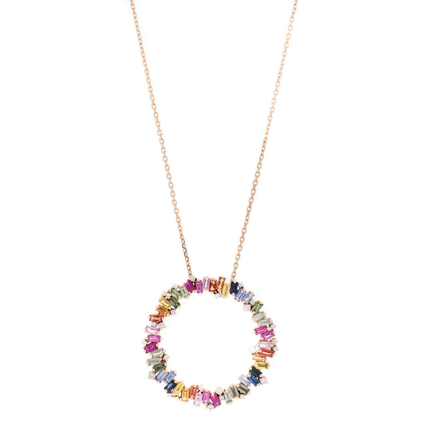 18K Rose Gold Diamond Rainbow Sapphire Fireworks Circle Pendant Necklace