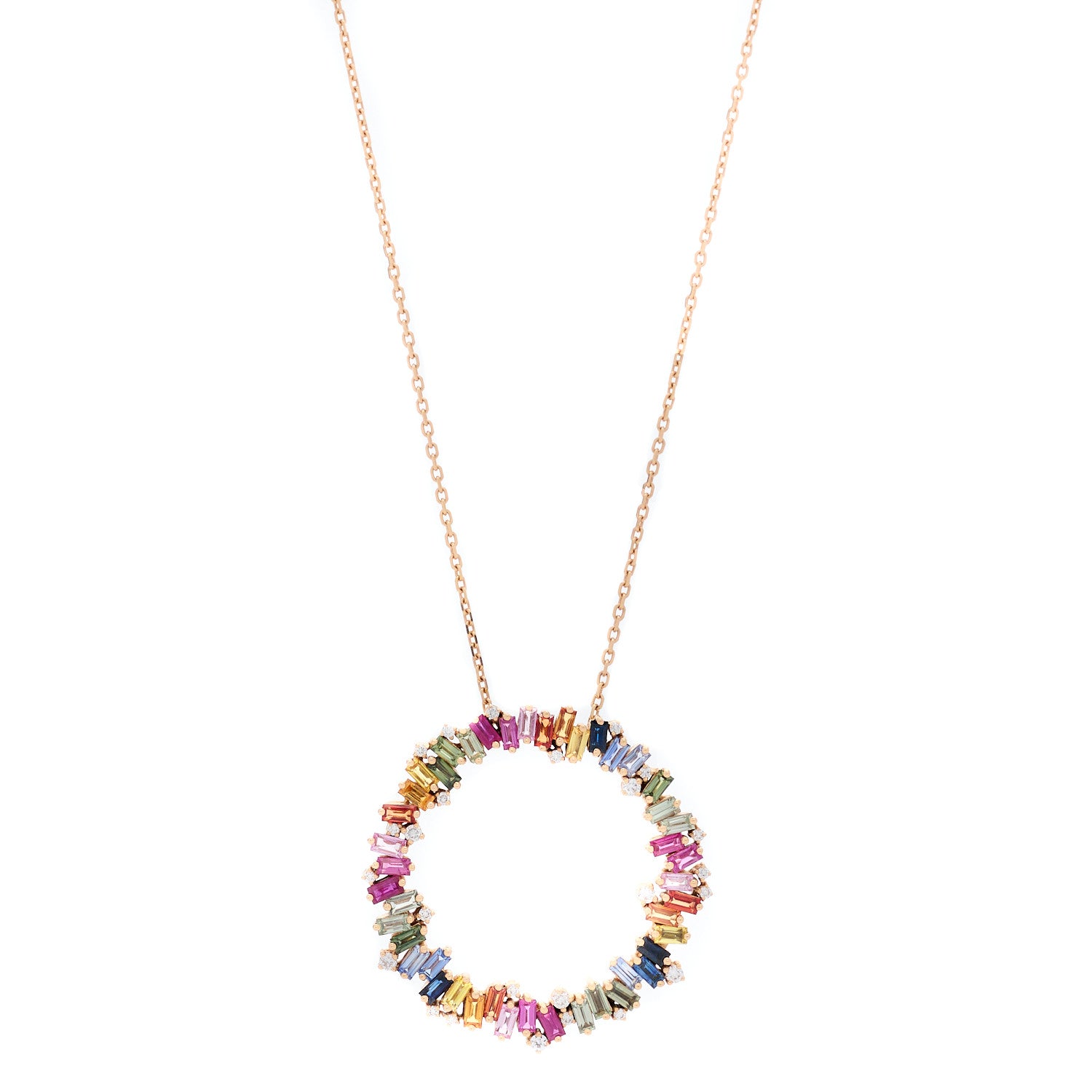 Suzanne Kalan 18K Rose Gold Diamond Rainbow Sapphire Fireworks Circle Pendant Necklace 1 of 5
