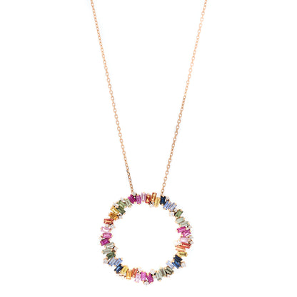Suzanne Kalan 18K Rose Gold Diamond Rainbow Sapphire Fireworks Circle Pendant Necklace 1 of 5