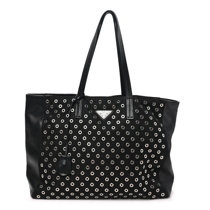 Prada Tessuto Nylon Calfskin Grommet Tote Black 1 of 8