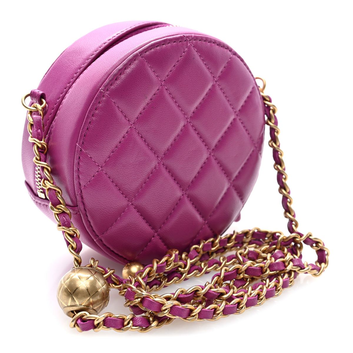 Lambskin Quilted Round Pearl Crush Clutch With Chain Purple