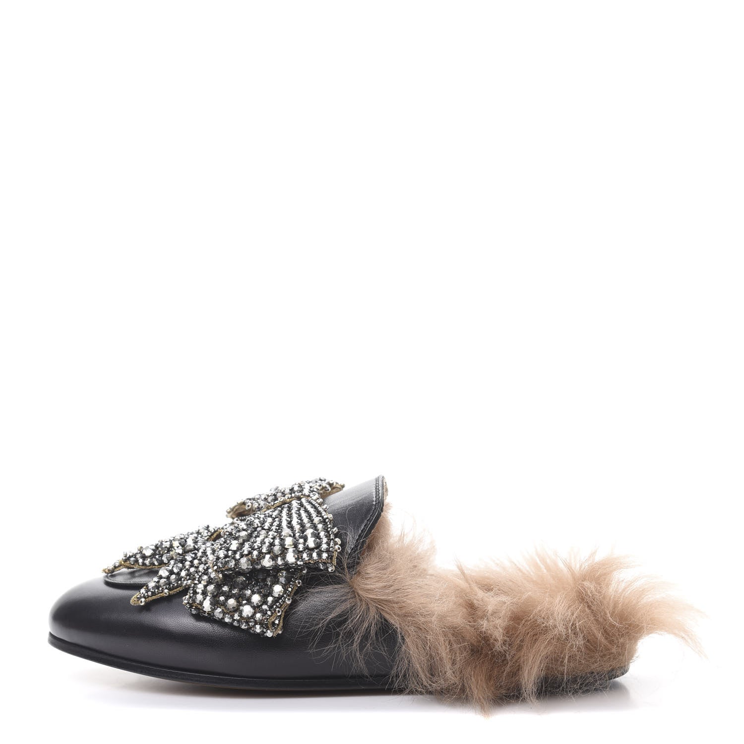 Gucci Malaga Kid Fur Crystal Bow Embroidered Womens Princetown Slippers 35.5 Black 1 of 11