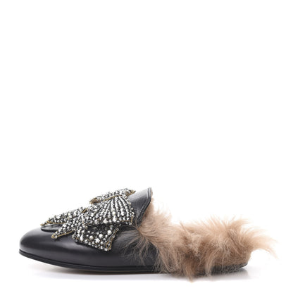 Gucci Malaga Kid Fur Crystal Bow Embroidered Womens Princetown Slippers 35.5 Black 1 of 11