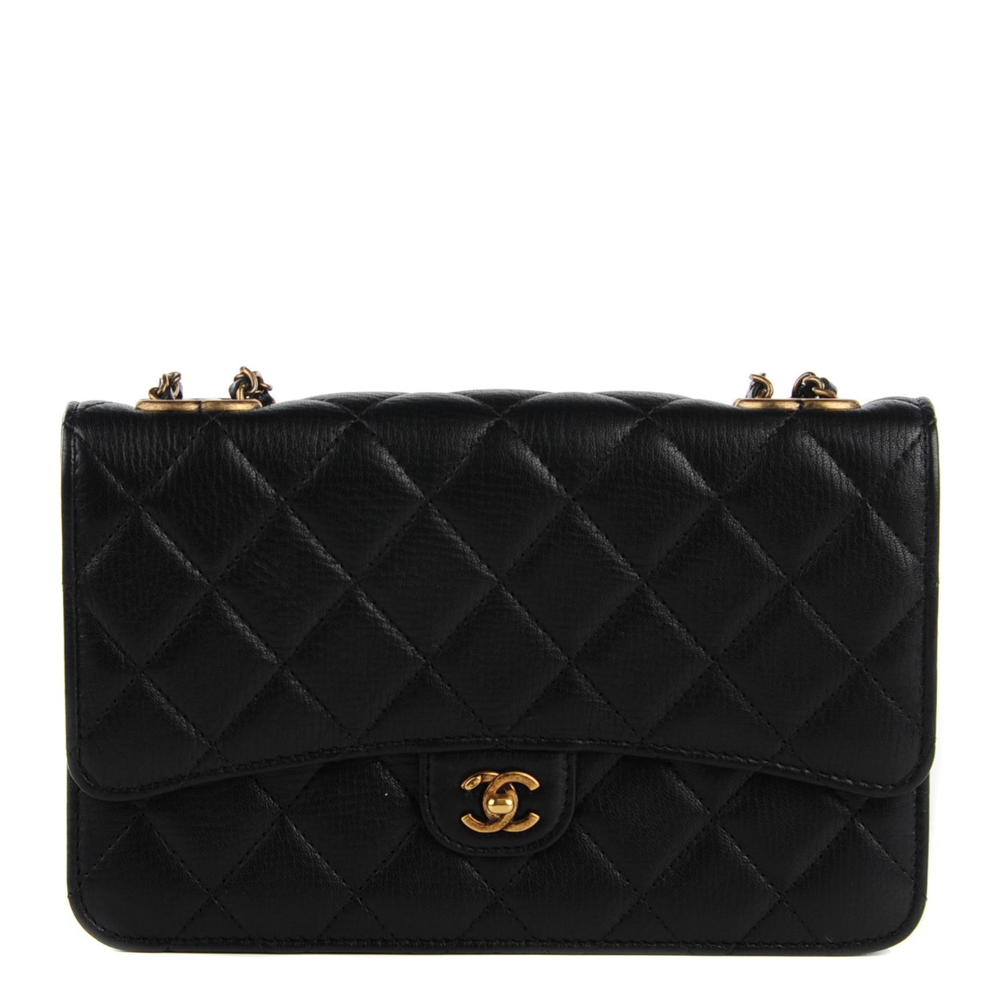 Goatskin Quilted CC Eyelet Wallet On Chain Black