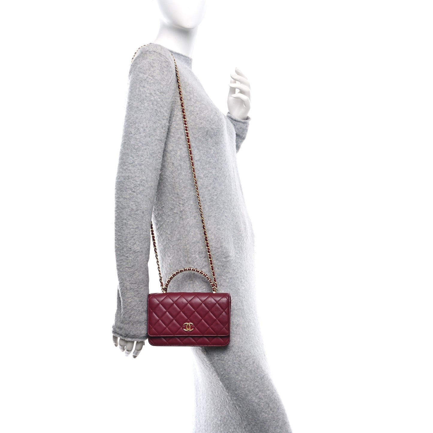 Lambskin Quilted Top Handle Wallet On Chain WOC  Burgundy
