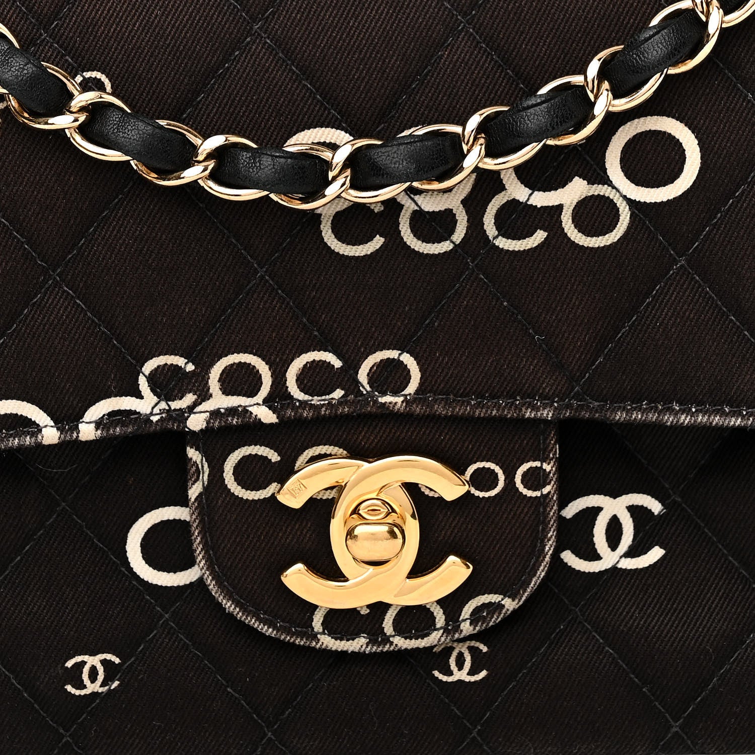 Chanel Canvas Coco Printed Quilted Medium Double Flap Black White 8 of 16