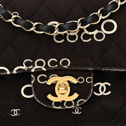 Chanel Canvas Coco Printed Quilted Medium Double Flap Black White 8 of 16
