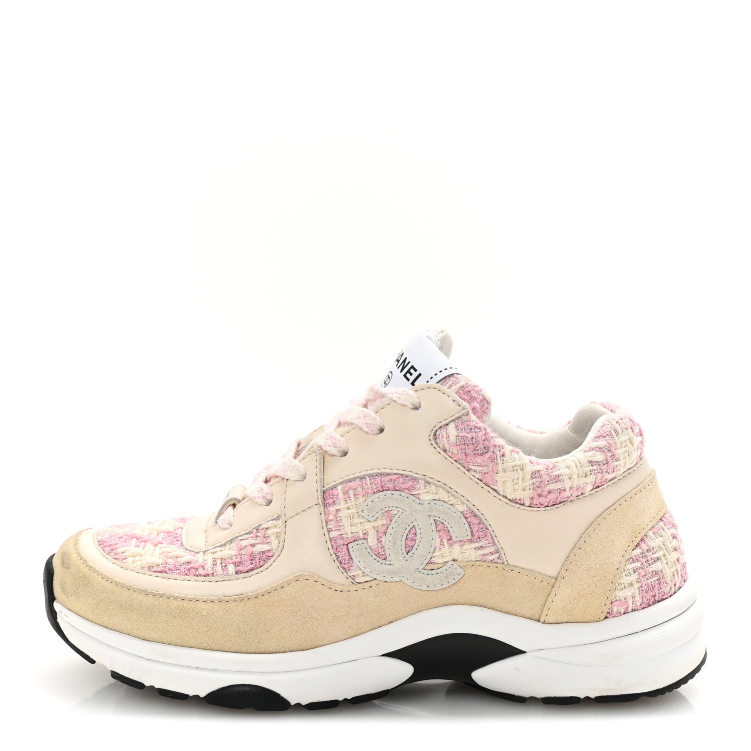 Chanel Tweed Suede Calfskin Womens CC Sneakers 35 Pink Ecru 1 of 9