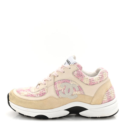 Chanel Tweed Suede Calfskin Womens CC Sneakers 35 Pink Ecru 1 of 9