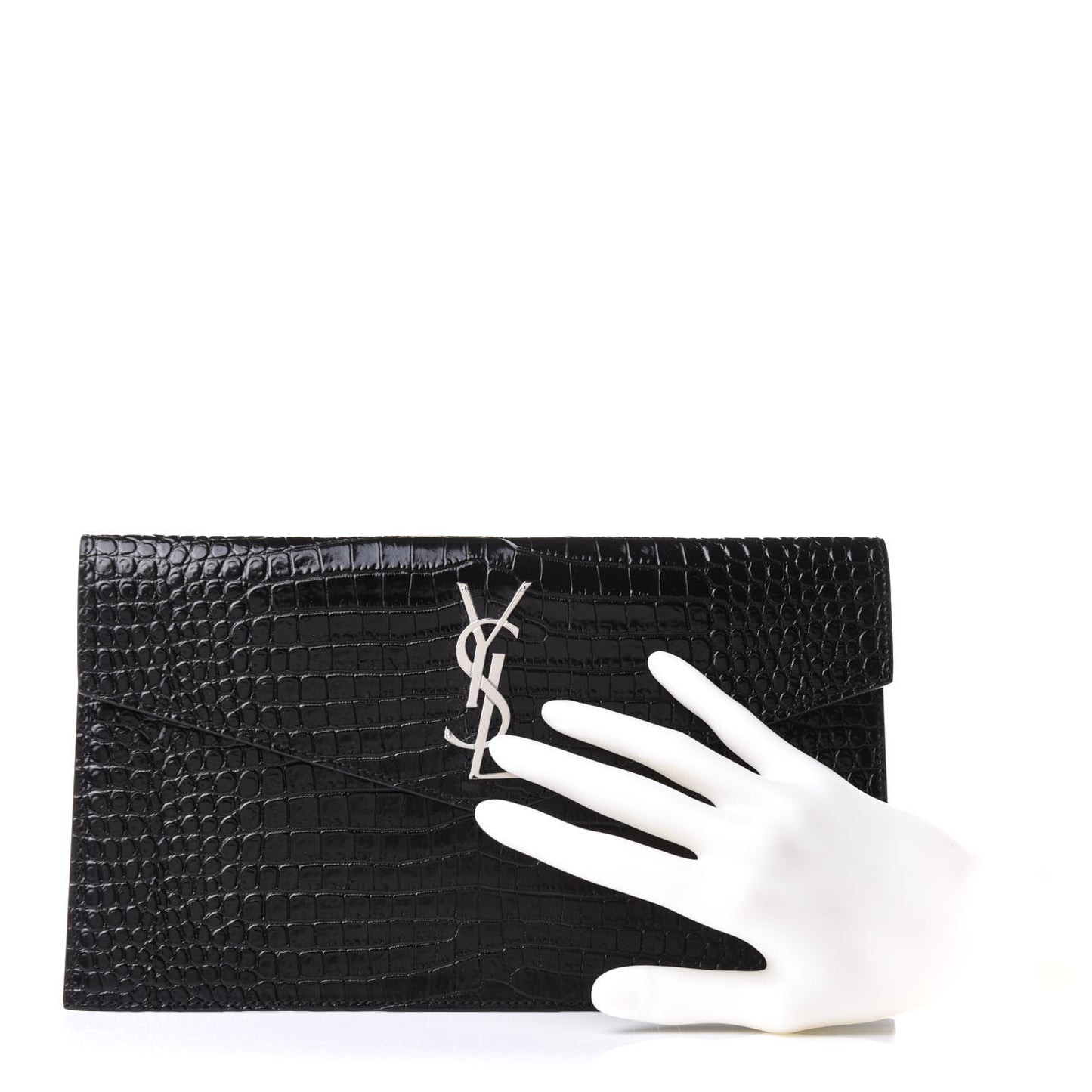 Calfskin Crocodile Embossed Uptown Monogram Clutch Black