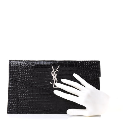 Saint Laurent Calfskin Crocodile Embossed Uptown Monogram Clutch Black 2 of 8