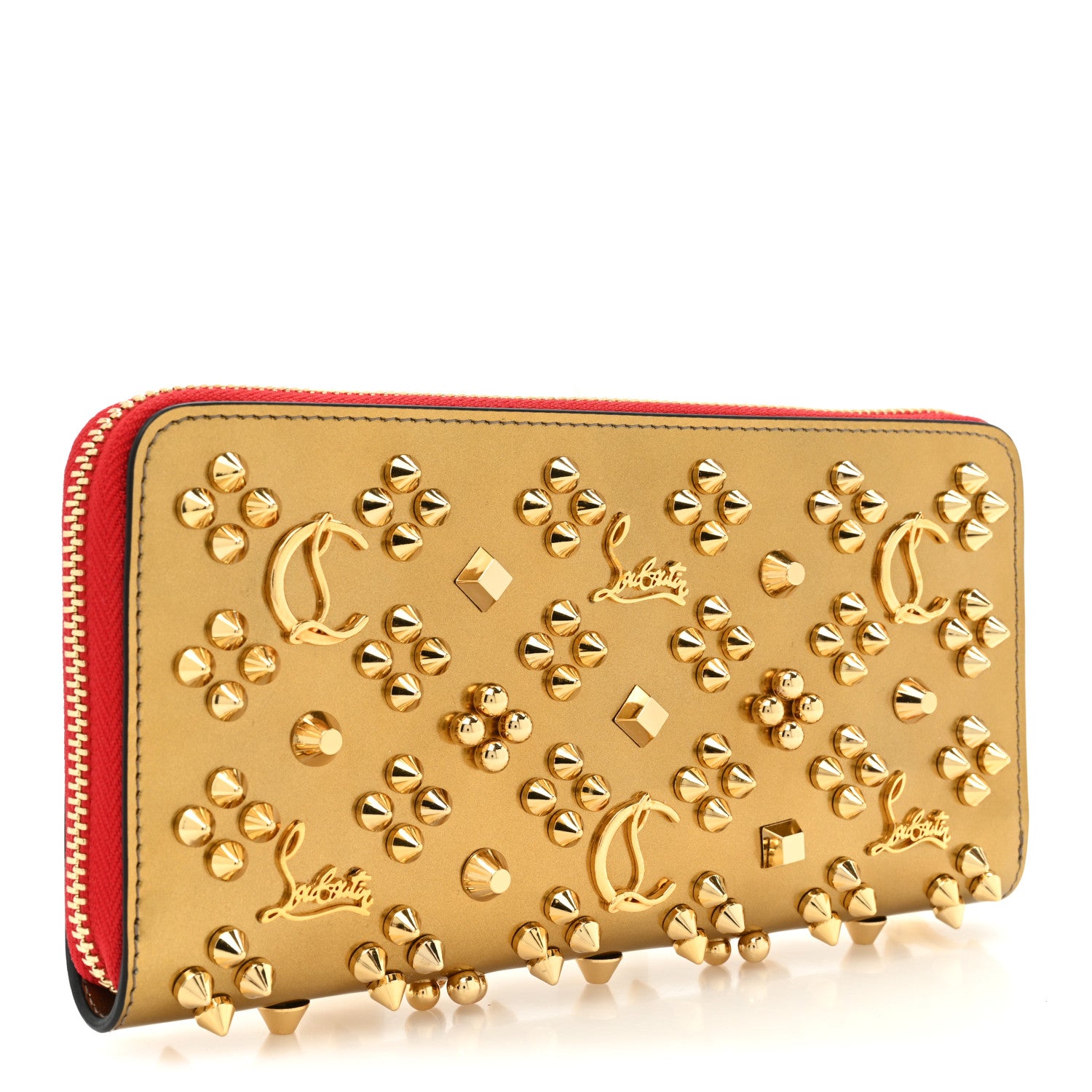 Christian Louboutin Metallic Panettone Spiked Studded Zip Around Wallet Gold 3 of 14