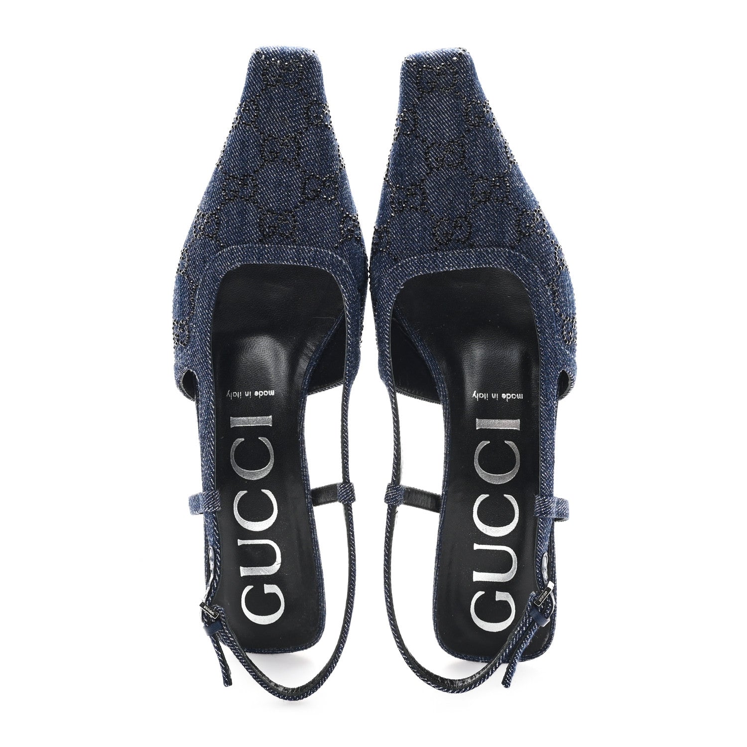 Gucci Denim GG Monogram Malaga Kid Crystal Square G 35mm Slingback Pumps 40 Blue 2 of 9