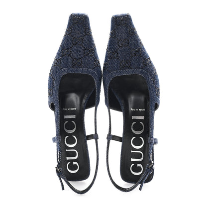 Gucci Denim GG Monogram Malaga Kid Crystal Square G 35mm Slingback Pumps 40 Blue 2 of 9