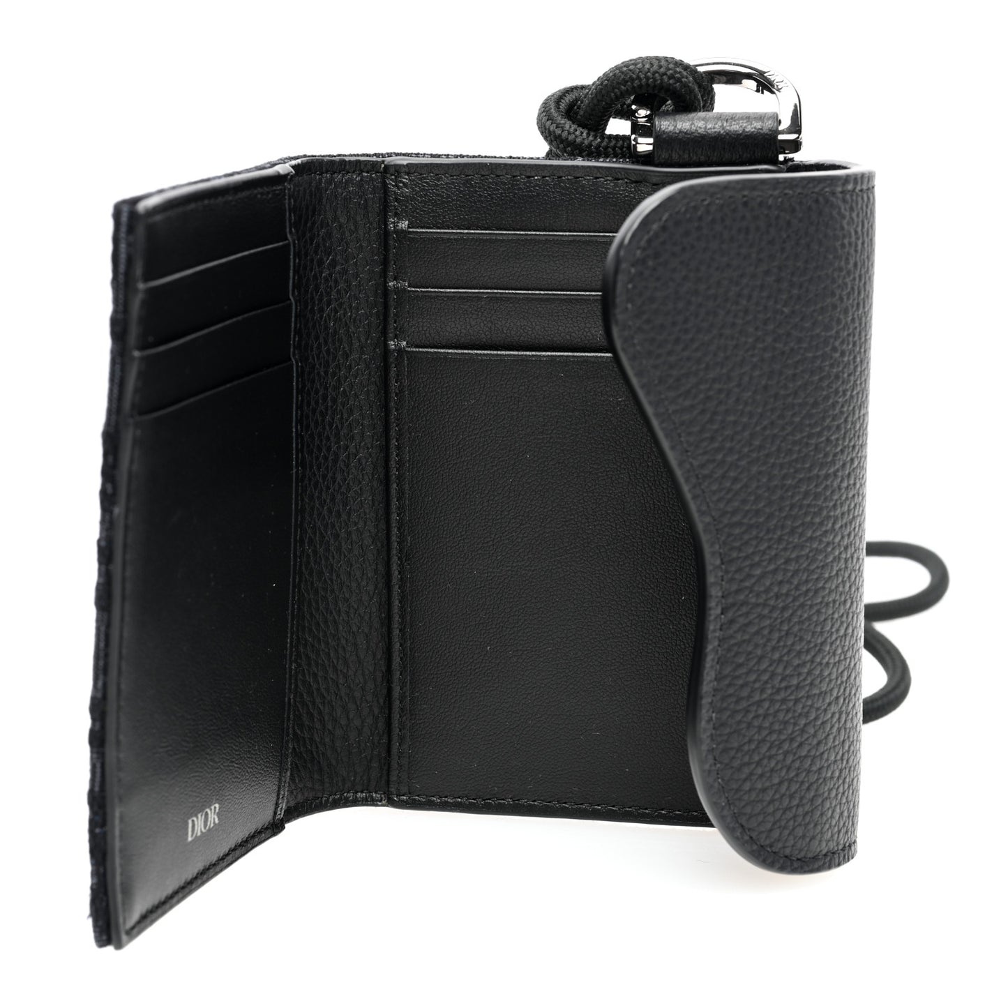 Oblique Jacquard Grained Calfskin Saddle Card Holder On Strap Black