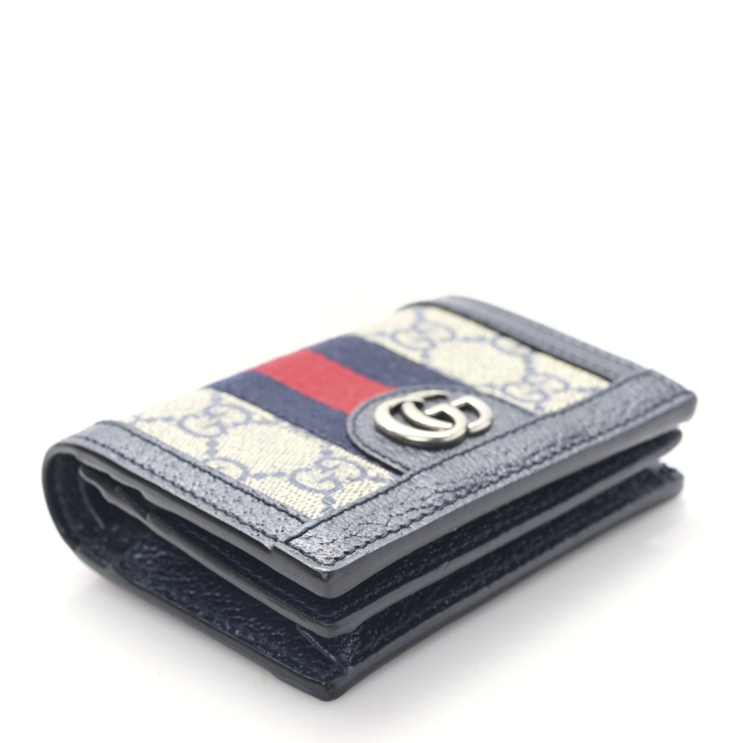 GG Supreme Monogram Textured Dollar Calfskin Web Ophidia Card Case Beige Blue