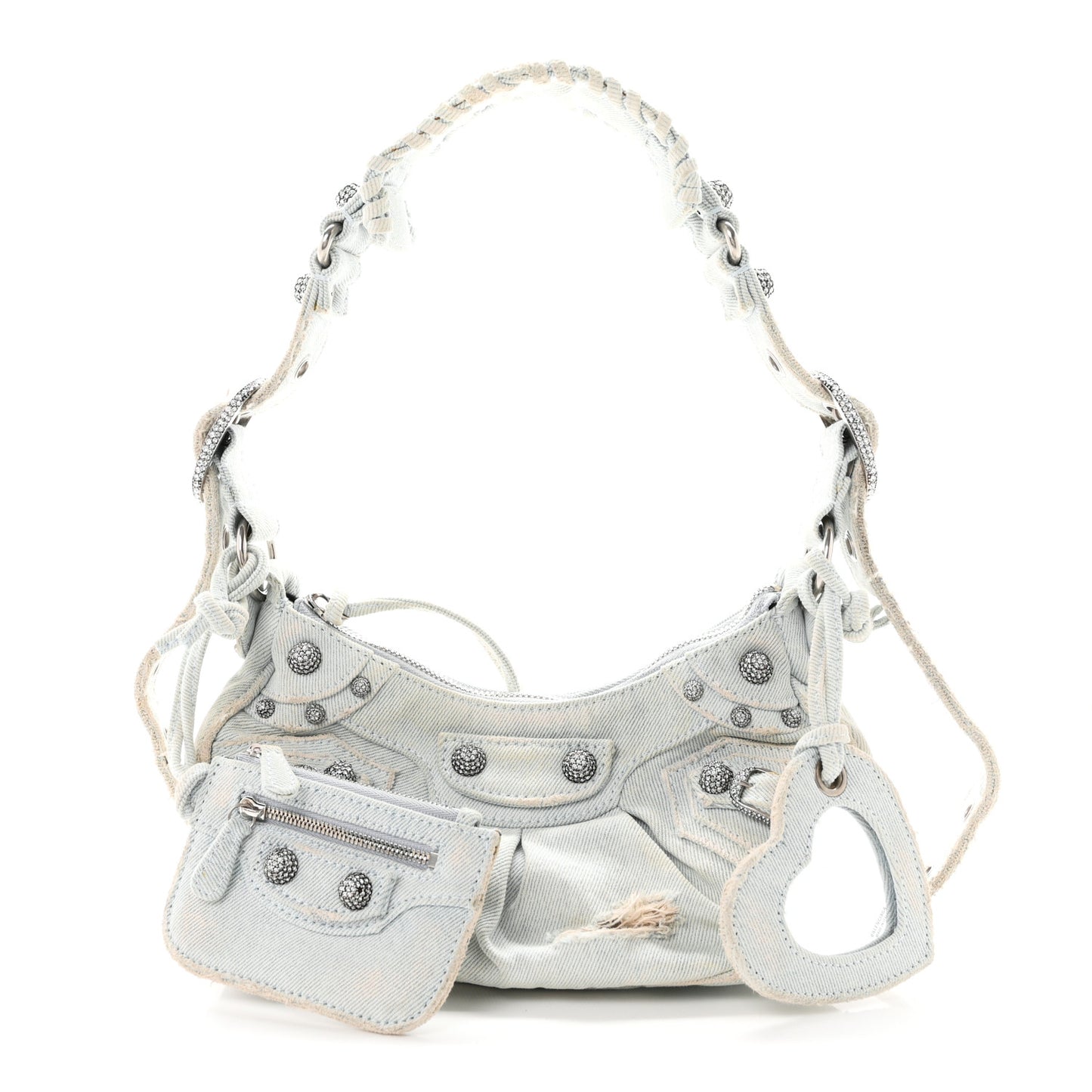 Washed Frayed Denim Crystal XS Le Cagole Shoulder Bag Pale Blue