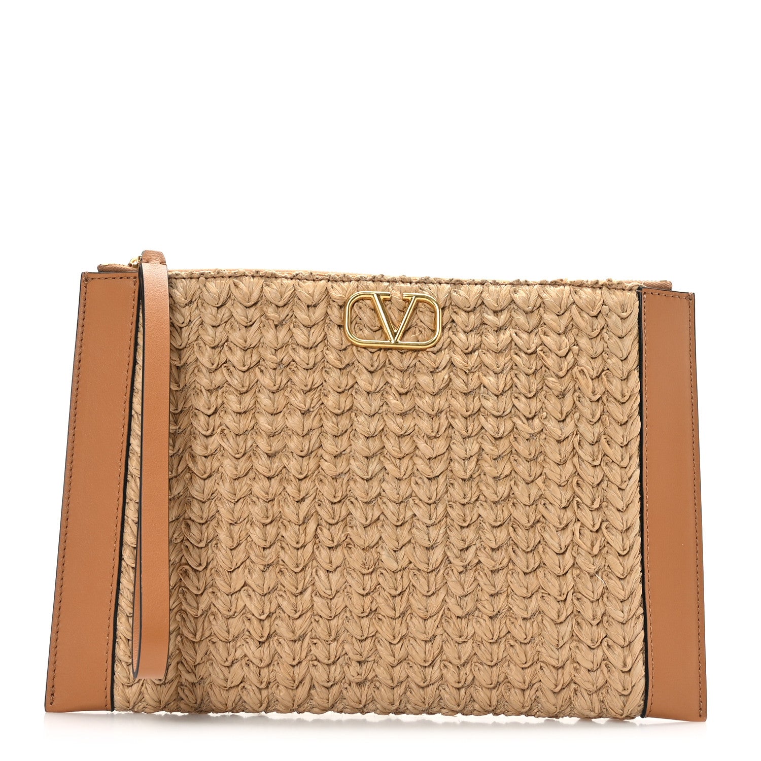 Valentino Garavani Raffia Calfskin Vlogo Zip Pouch Naturale Brown 1 of 7