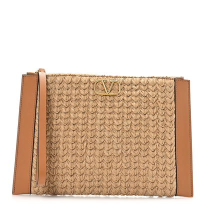 Valentino Garavani Raffia Calfskin Vlogo Zip Pouch Naturale Brown 1 of 7