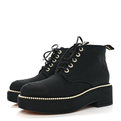Chanel Grosgrain Pearl Lace Up CC Short Boots 40 Black 3 of 8